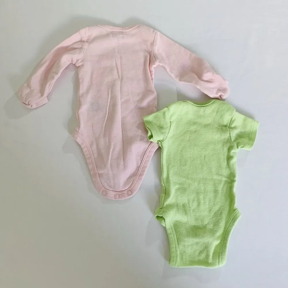 Bodysuits Set of 2 Baby Girl Newborn NB Pink‎ Green Bee Foldover Casual Cotton